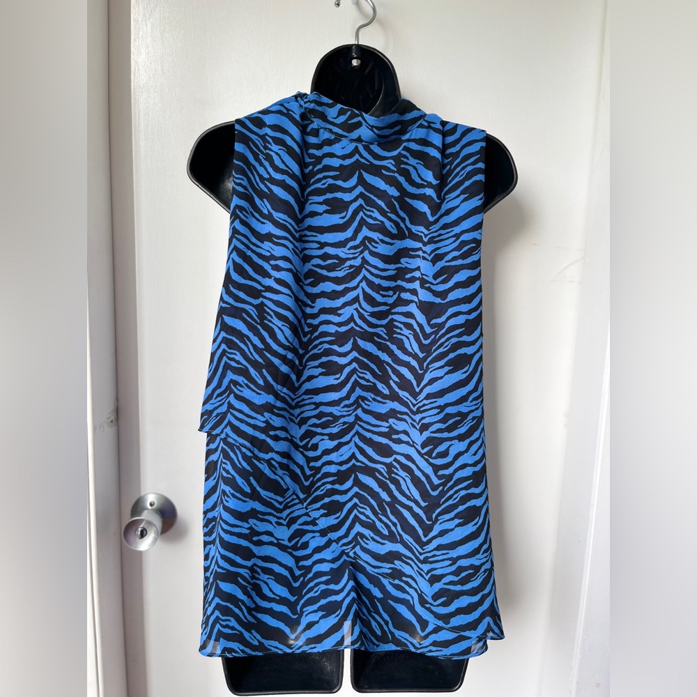 Vince Camuto Blue Animal Print Tie Neck Blouse size L - Picture 10 of 14